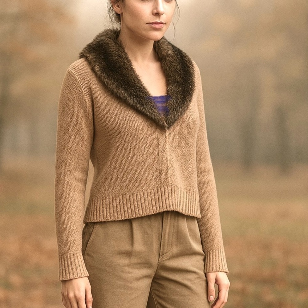 JONES NEW YORK SIGNATURE LT BROWN FAUX FUR COLLAR CARDIGAN M / MEDIUM